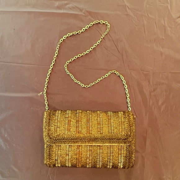 Vintage Y2K Mini Gold/Bronze Beaded Clutch with Chain Strap - Picture 3 of 9